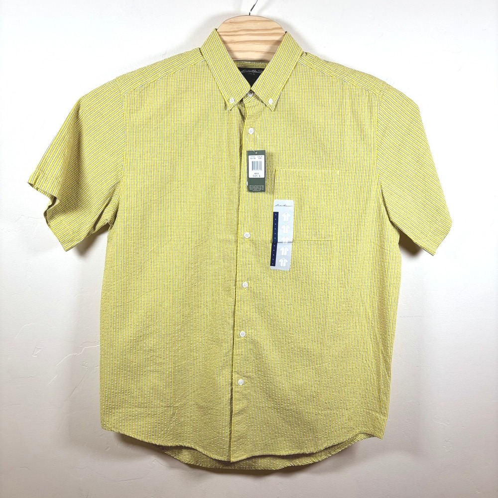 Eddie‎ Bauer S/S Button Down Shirt Men Large Sun Yellow Plaid Outdoor Hiking NEW